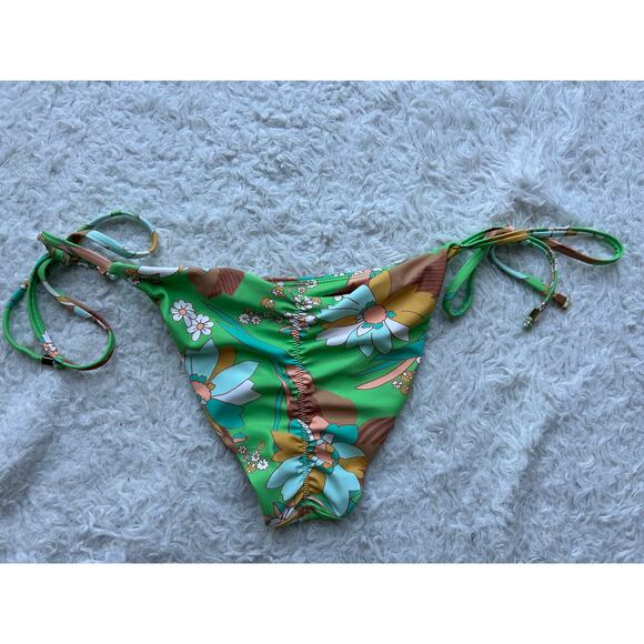 P2F Green Retro Floral Ruched String Tie Bikini Bottoms Size Small - Picture 5 of 7